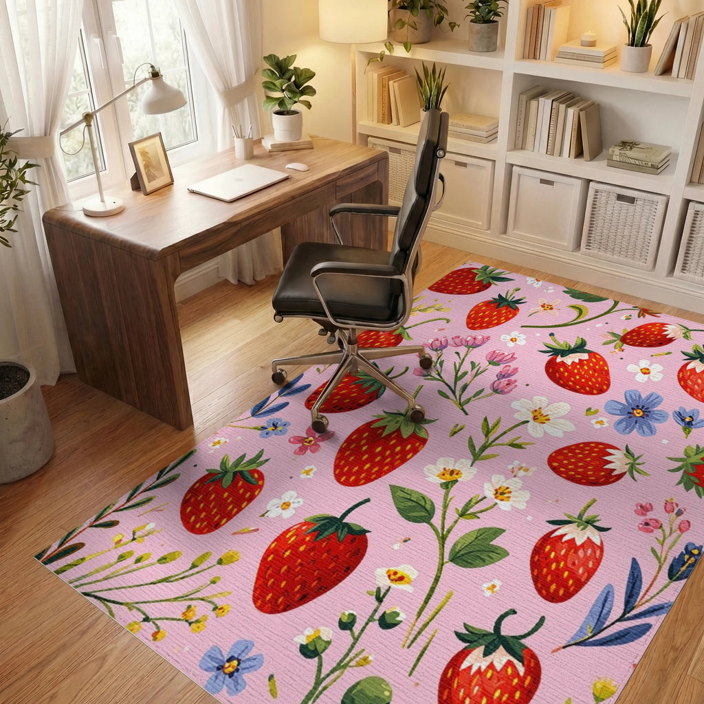 Pink Strawberry Floral Whimsical Rug Office View