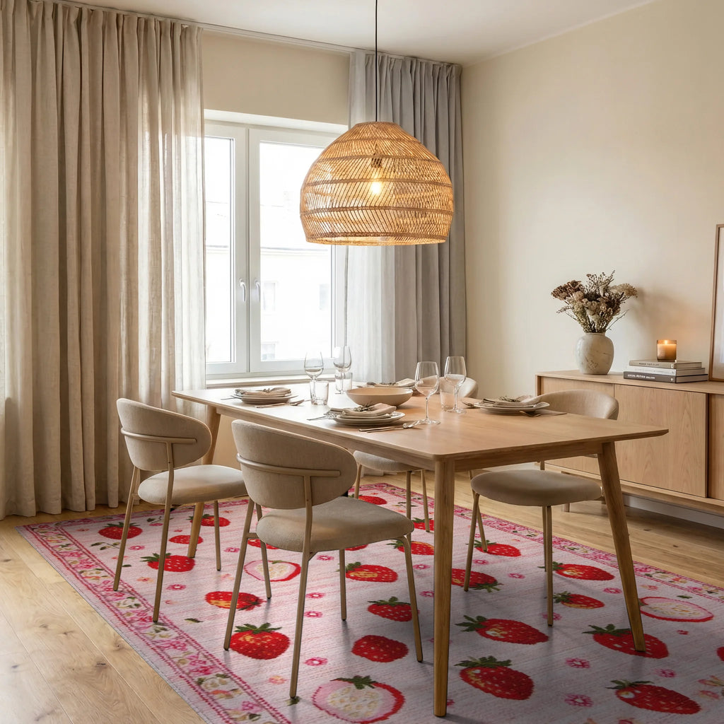 Pink Strawberry Garden Whimsical Rug - Dining Room View