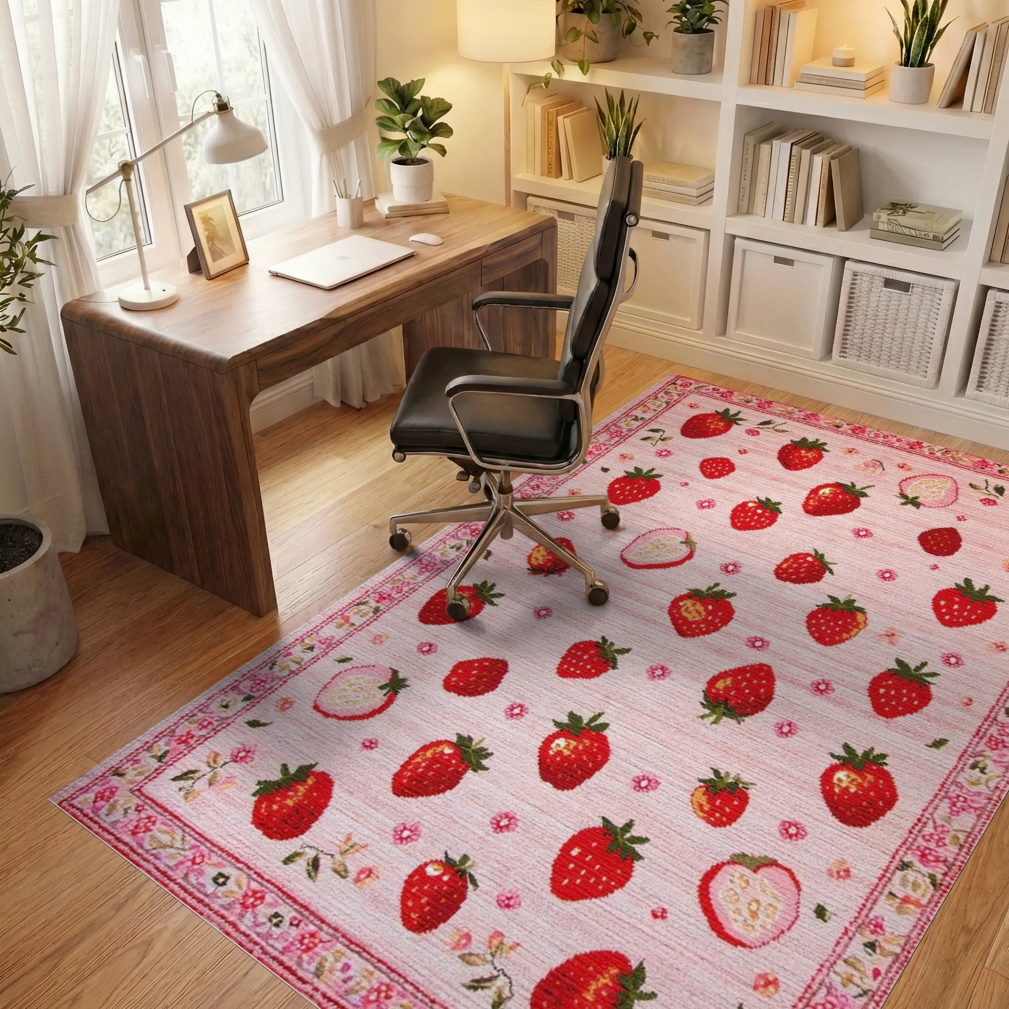 Pink Strawberry Garden Whimsical Rug - Office View