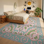 Pink Teal Coral Floral Scrollwork Rug Bedroom View