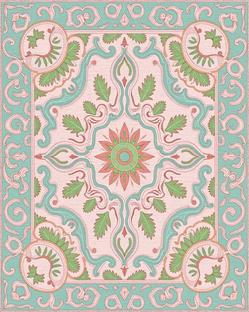 Pink Teal Coral Floral Scrollwork Rug - Cutout View
