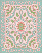 Pink Teal Coral Floral Scrollwork Rug - Cutout View