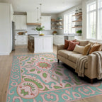 Pink Teal Coral Floral Scrollwork Rug Living Room View