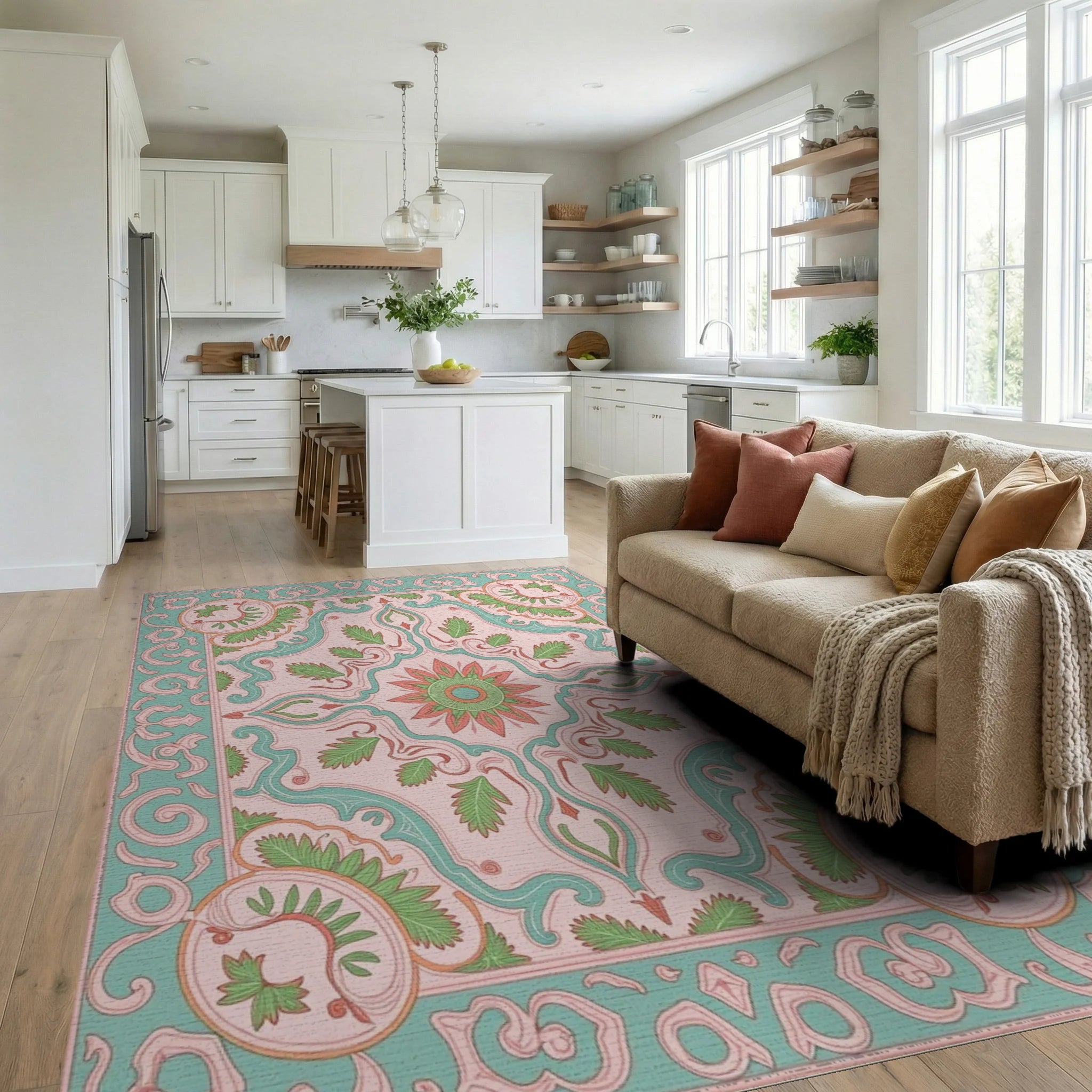 Pink Teal Coral Floral Scrollwork Rug Living Room View
