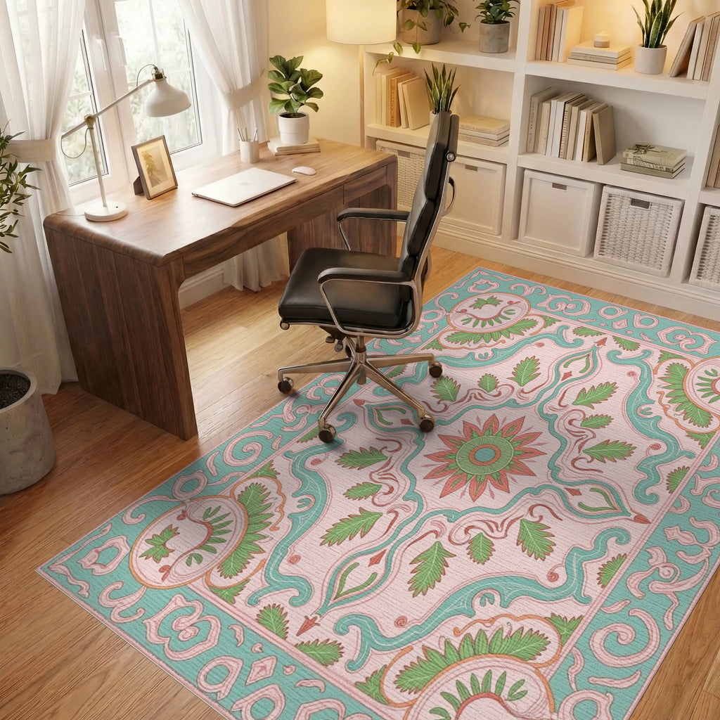 Pink Teal Coral Floral Scrollwork Rug Office View