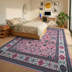 Pink Teal Ornate Floral Vine Rug - Bedroom View