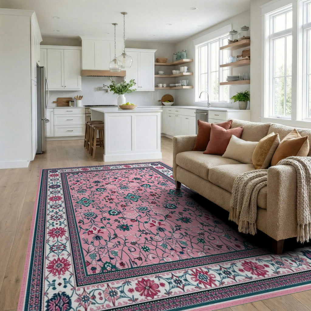 Pink Teal Ornate Floral Vine Rug - Living Room View