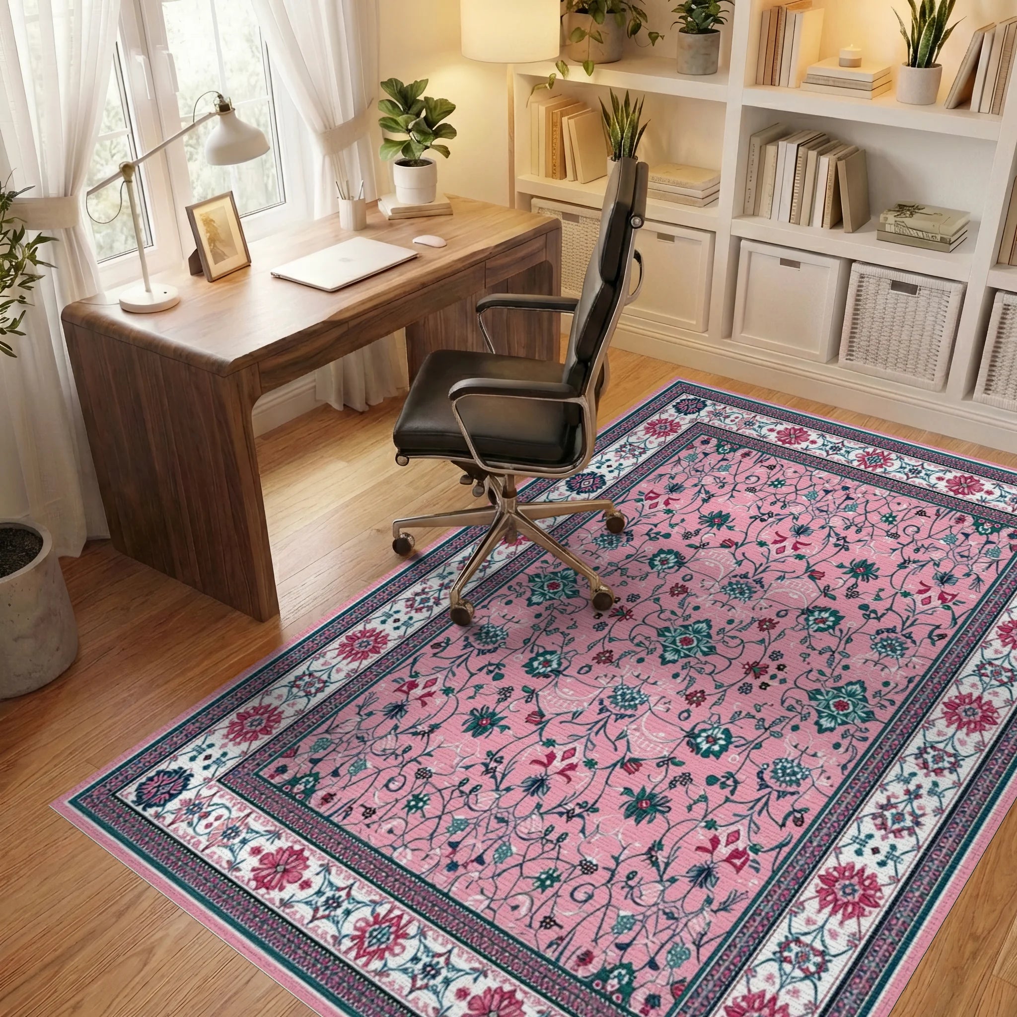 Pink Teal Ornate Floral Vine Rug - Office View