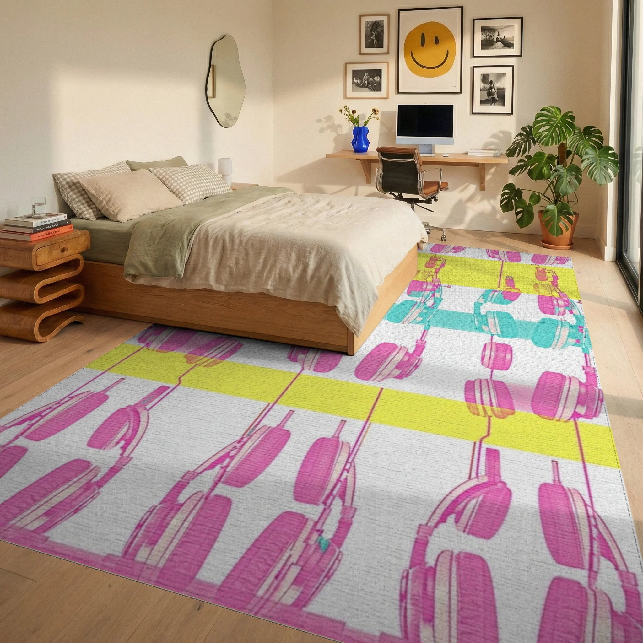 Pink Teal Yellow Headphone Pattern Rug Bedroom View