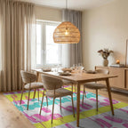 Pink Teal Yellow Headphone Pattern Rug Dining Room View