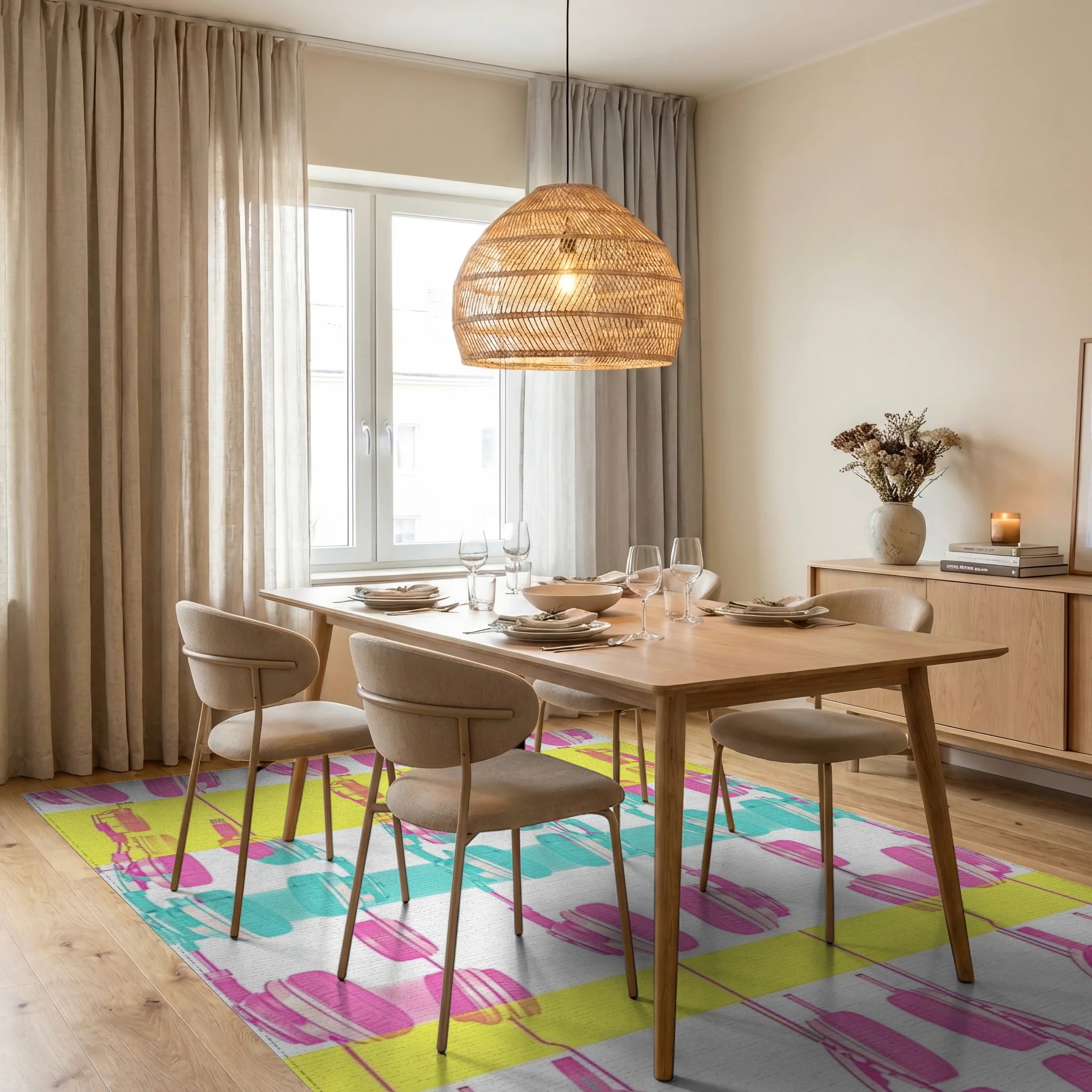Pink Teal Yellow Headphone Pattern Rug Dining Room View