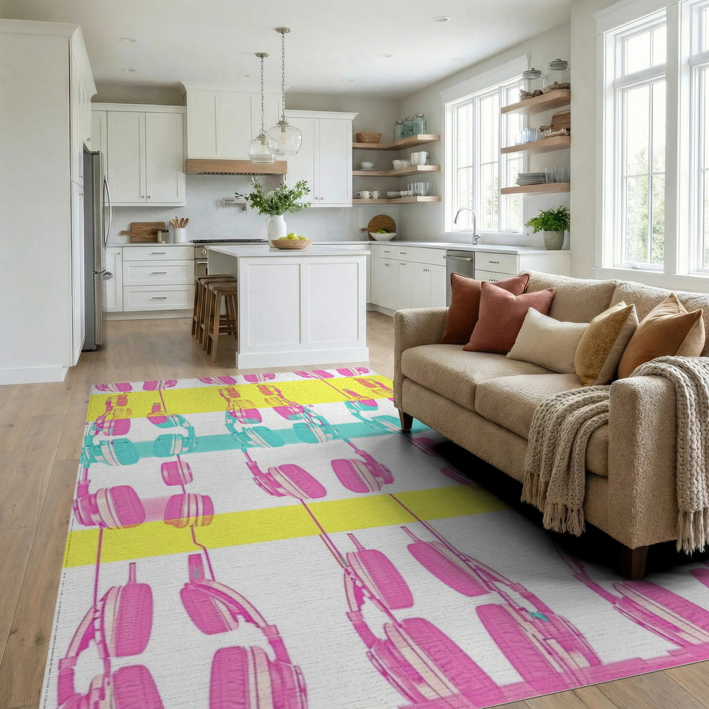 Pink Teal Yellow Headphone Pattern Rug Living Room View