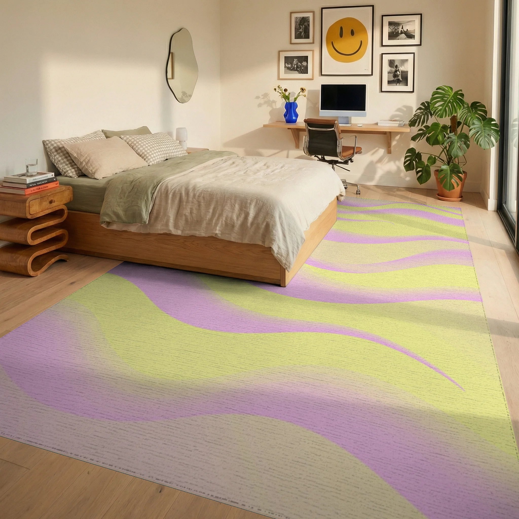 Pink Yellow Wavy Gradient Rug Bedroom View