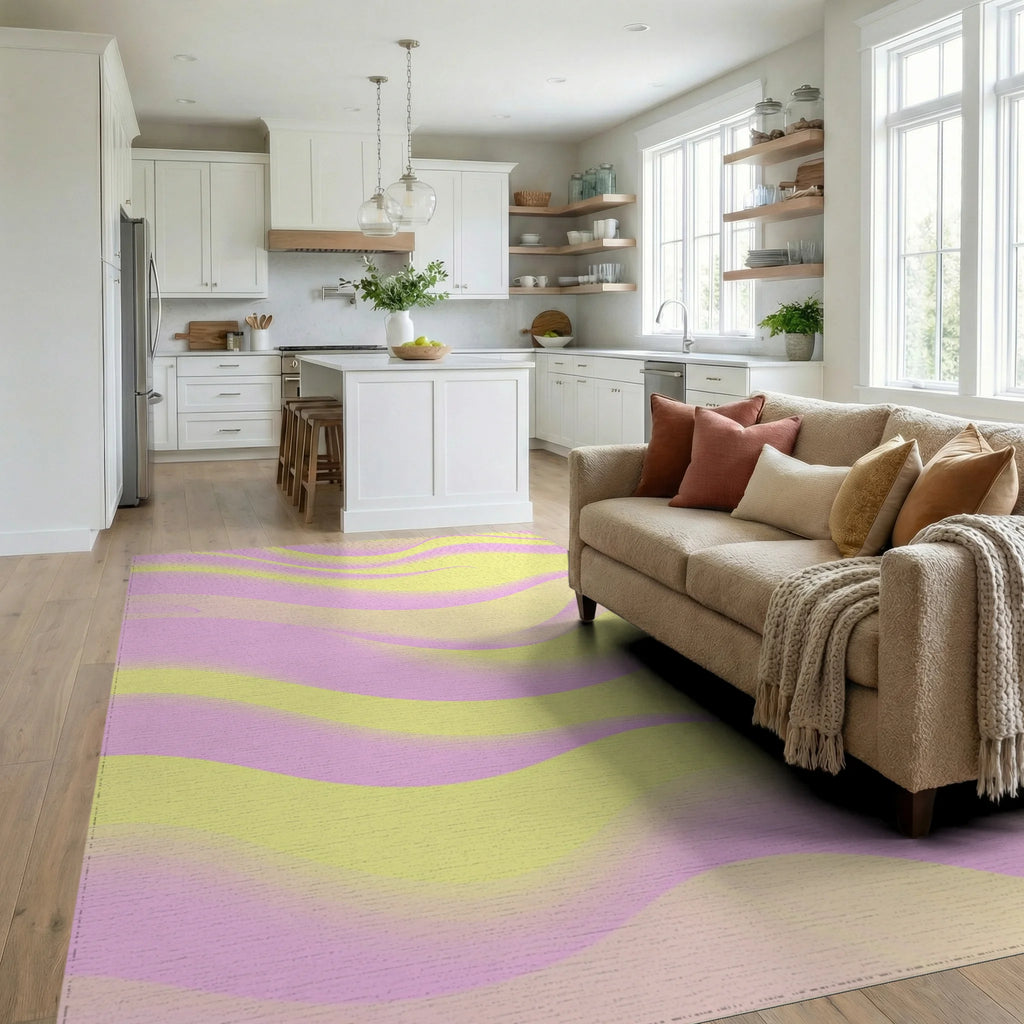 Pink Yellow Wavy Gradient Rug Living Room View