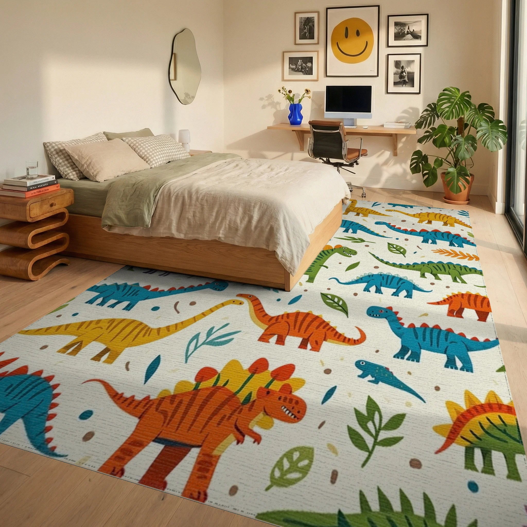 Playful Dinosaur Pattern Design Rug - Bedroom View