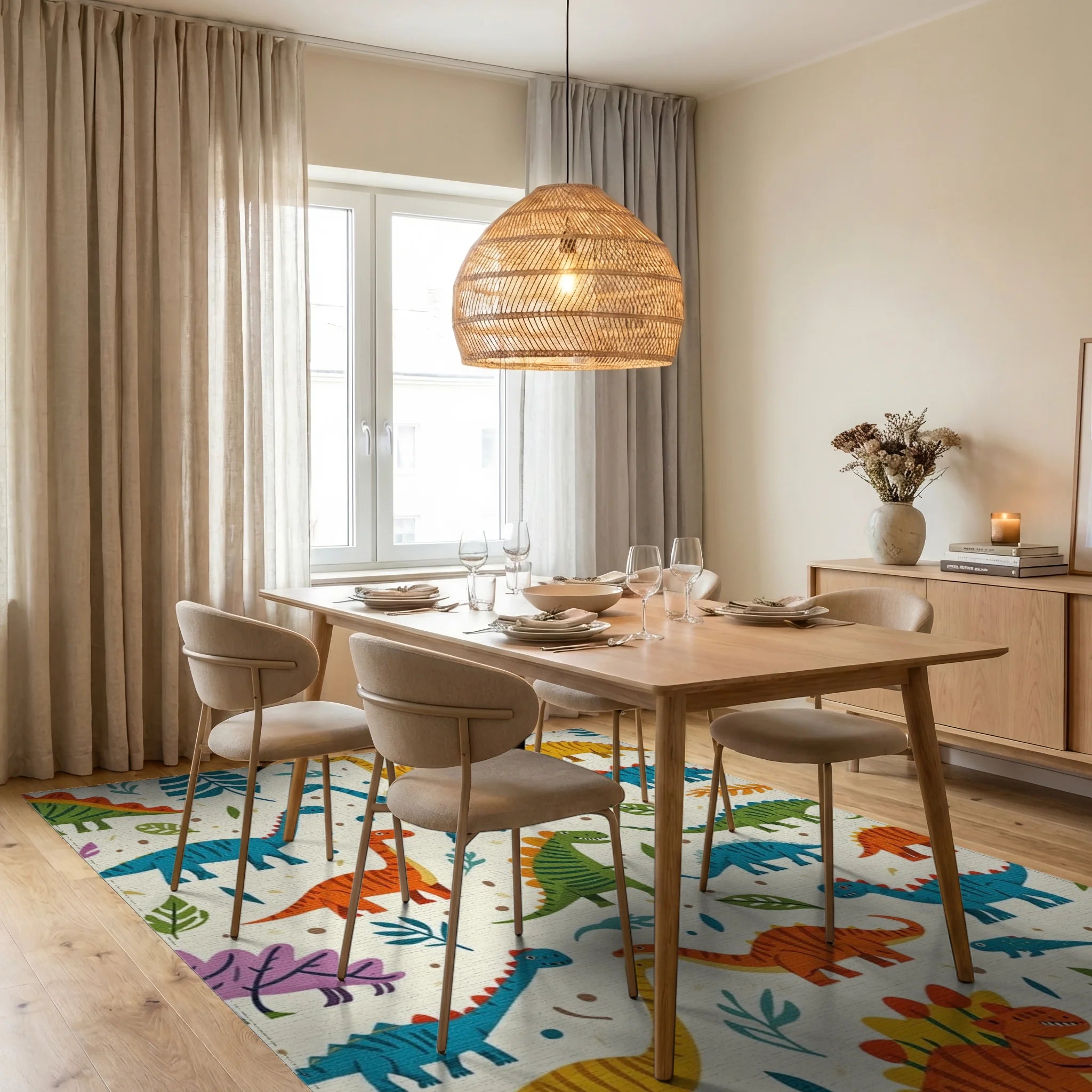 Playful Dinosaur Pattern Design Rug - Dining Room View