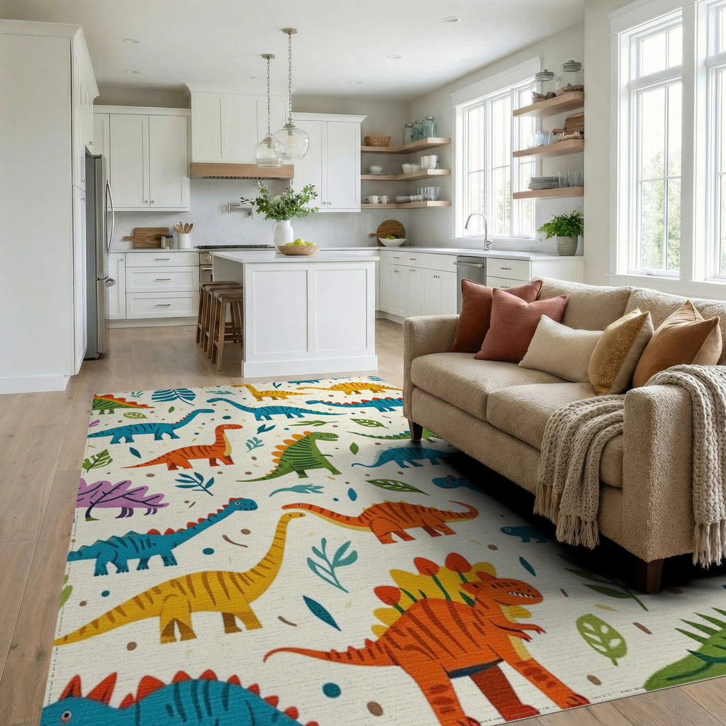 Playful Dinosaur Pattern Design Rug - Living Room View