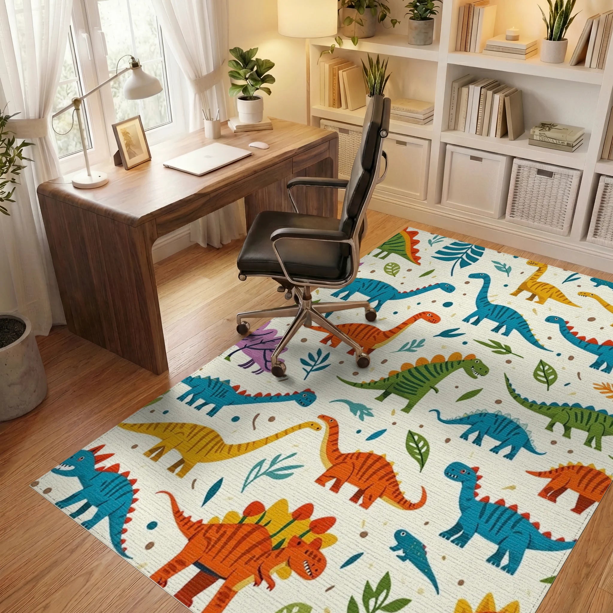 Playful Dinosaur Pattern Design Rug - Office View