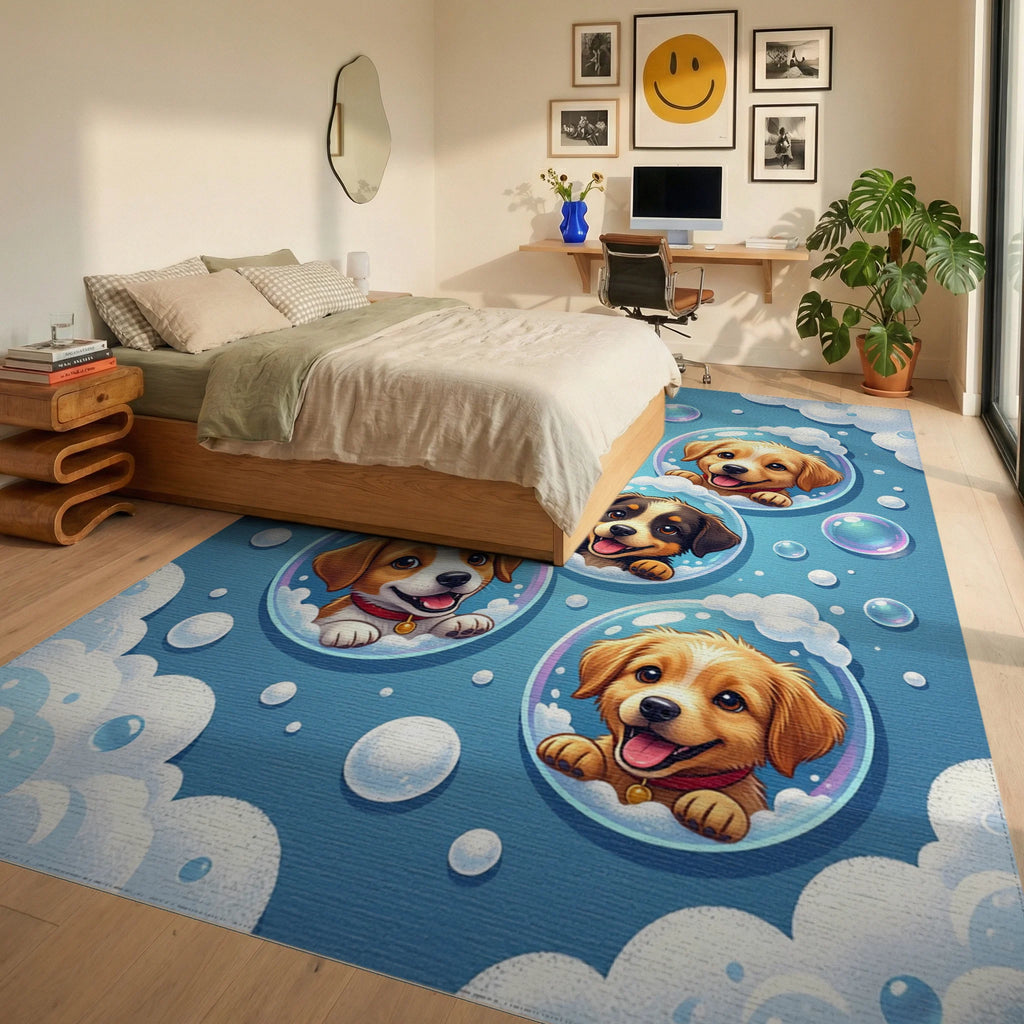 Playful Floating Puppies in Blue Bubbles Rug Bedroom View