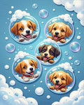 Playful Floating Puppies in Blue Bubbles Rug - Cutout View