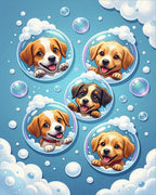 Playful Floating Puppies in Blue Bubbles Rug - Cutout View