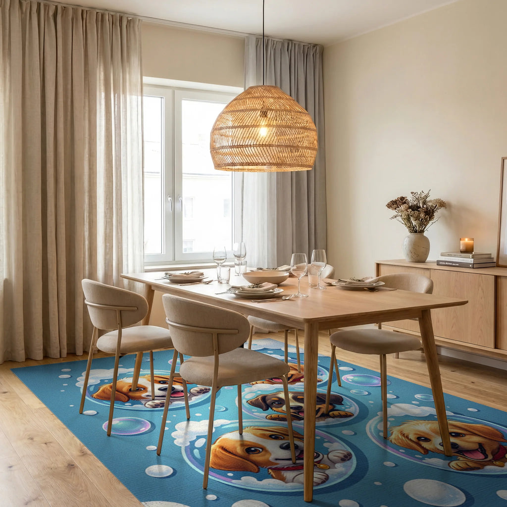 Playful Floating Puppies in Blue Bubbles Rug Dining Room View