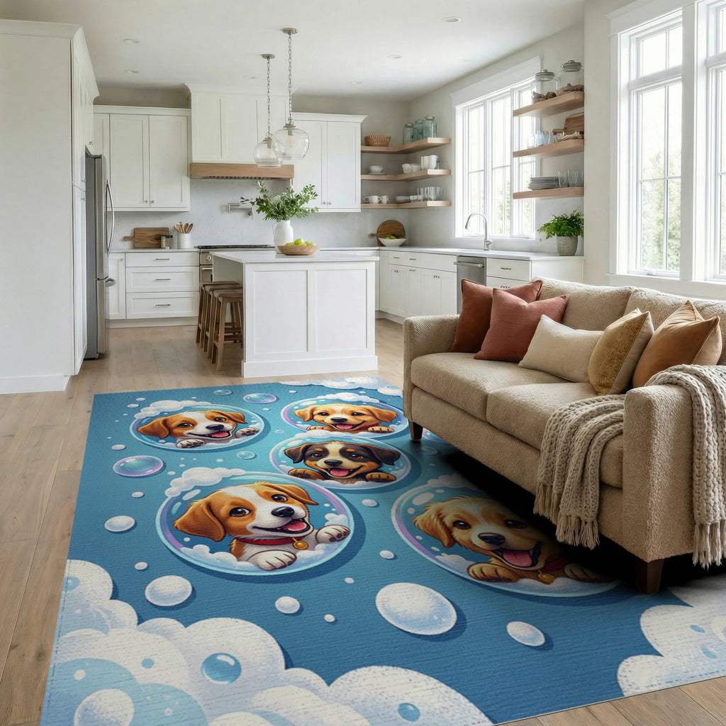 Playful Floating Puppies in Blue Bubbles Rug Living Room View