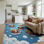 Playful Floating Puppies in Blue Bubbles Rug Living Room View