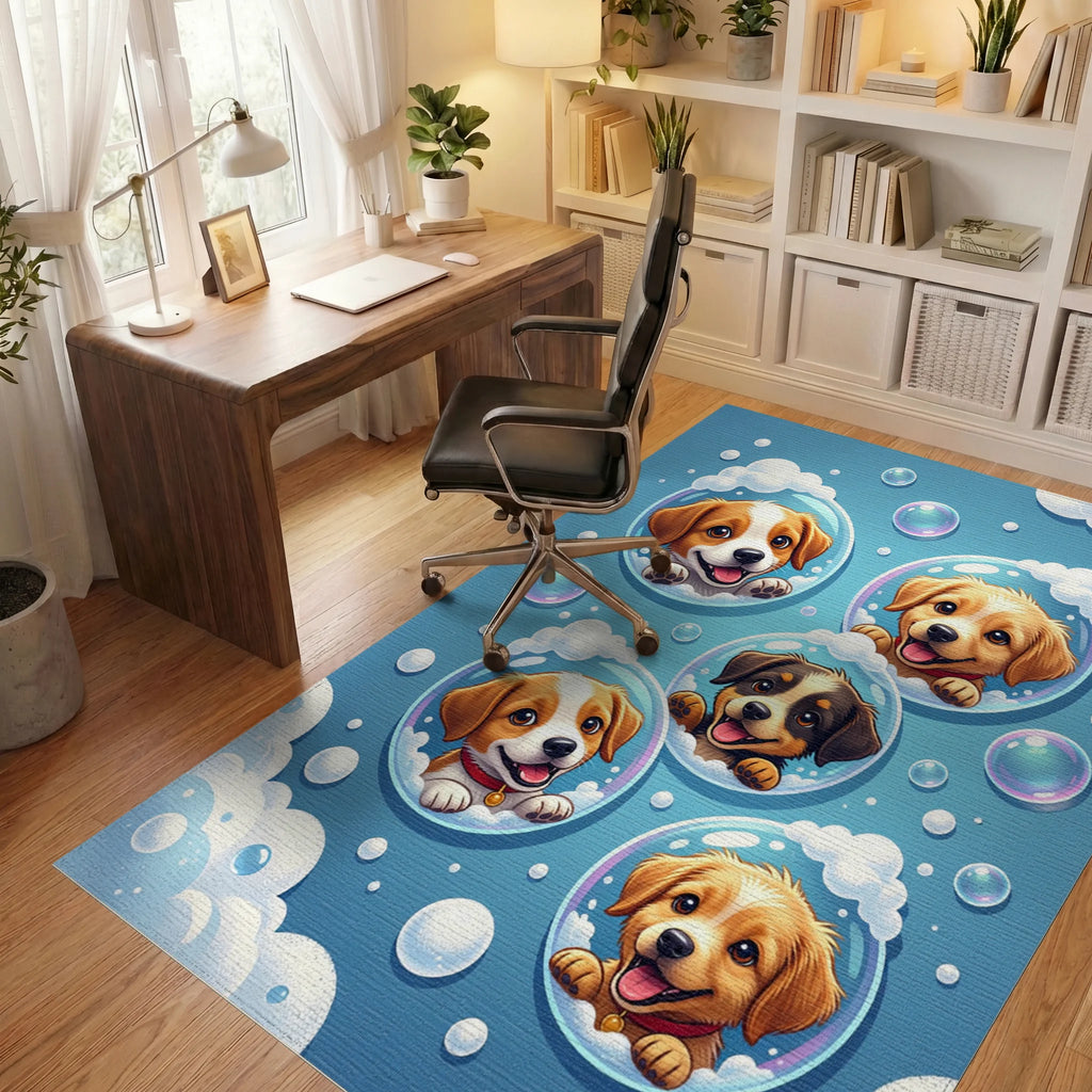Playful Floating Puppies in Blue Bubbles Rug Office View