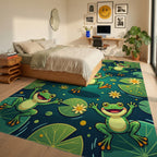 Playful Green Frogs and Lily Pads Rug Bedroom View