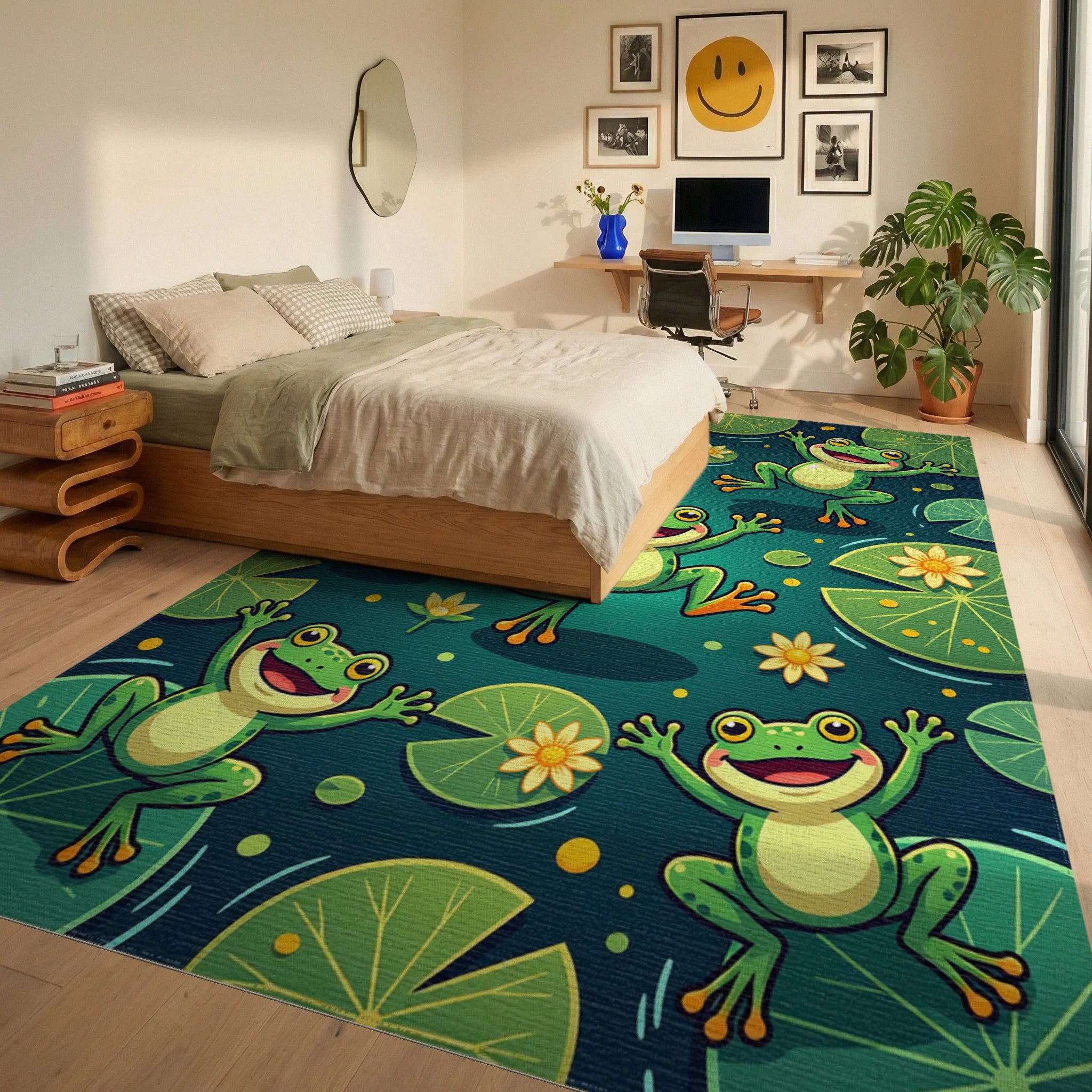 Playful Green Frogs and Lily Pads Rug Bedroom View