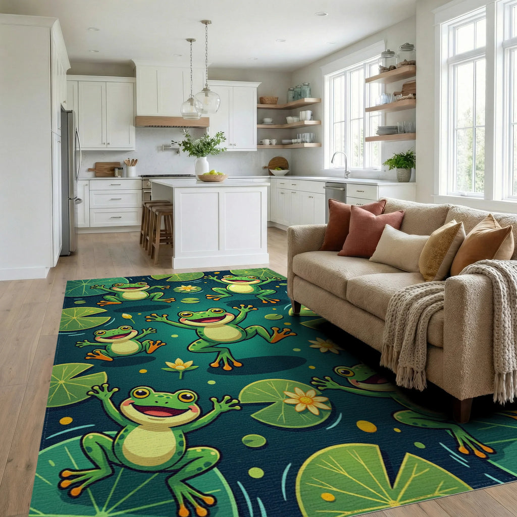 Playful Green Frogs and Lily Pads Rug Living Room View