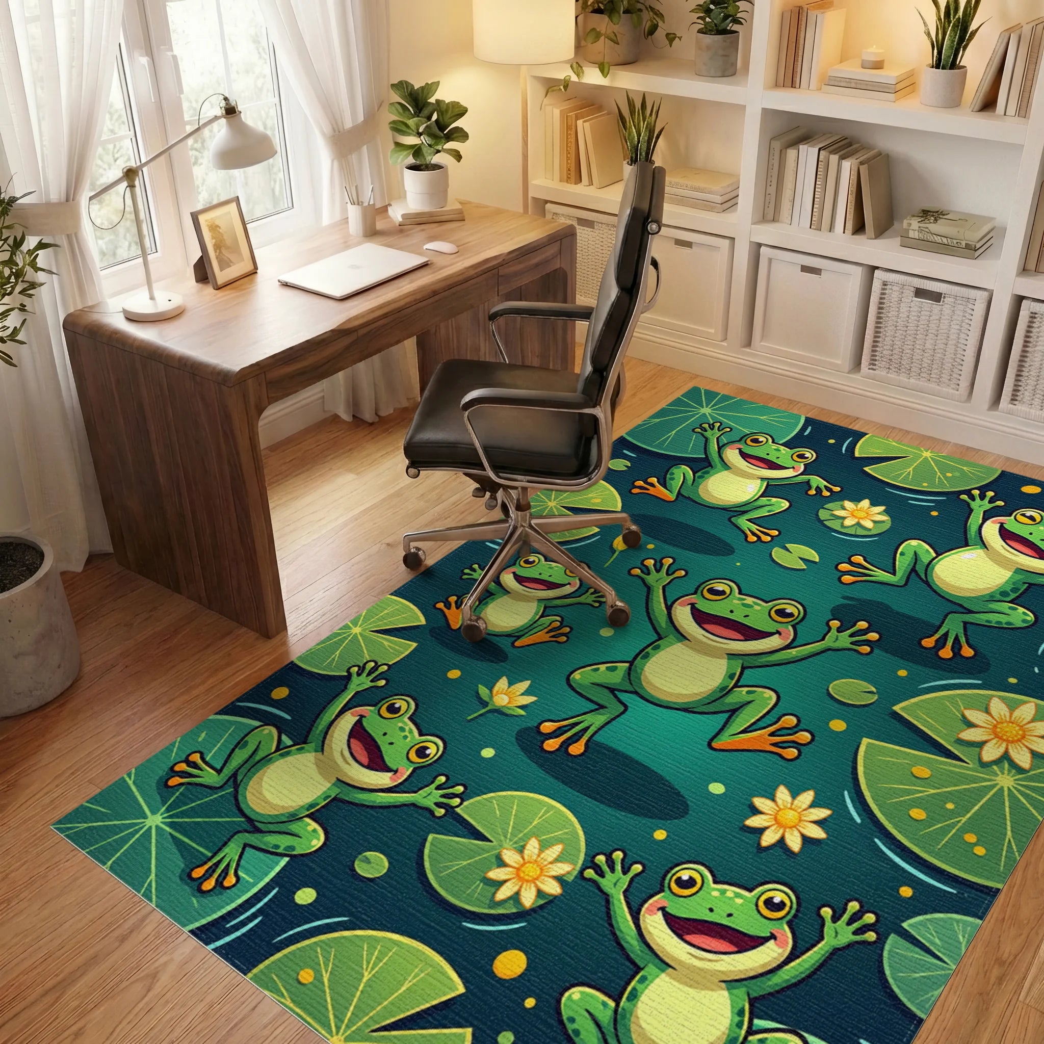Playful Green Frogs and Lily Pads Rug Office View