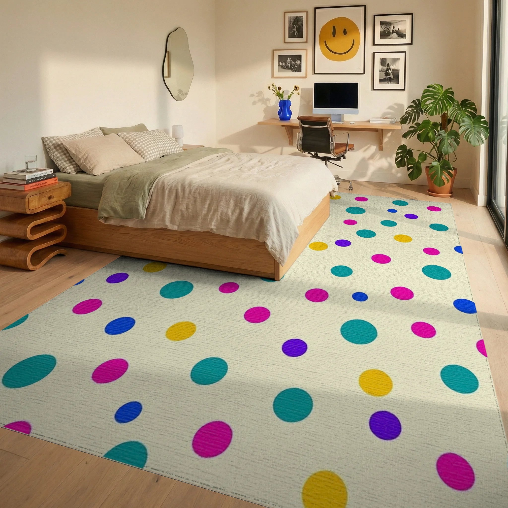 Playful Multicolored Polka Dot Cream Rug Bedroom View