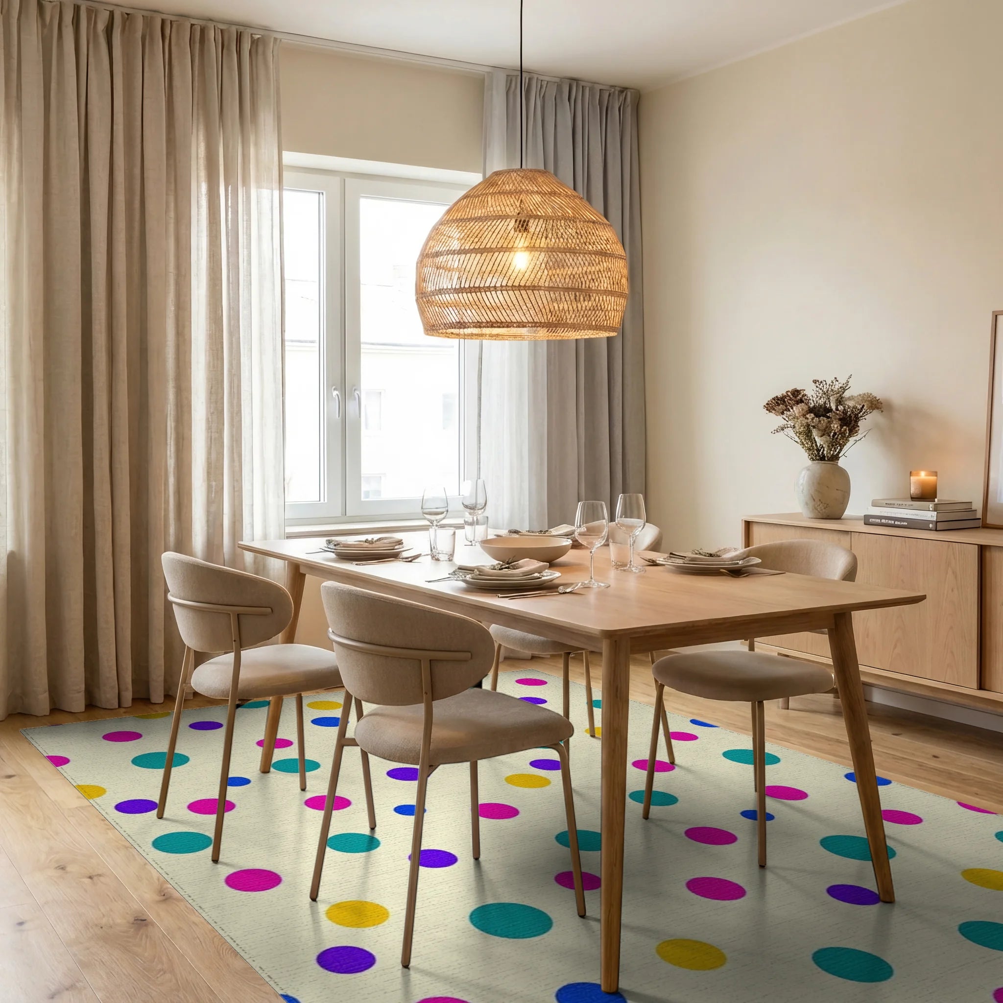 Playful Multicolored Polka Dot Cream Rug Dining Room View