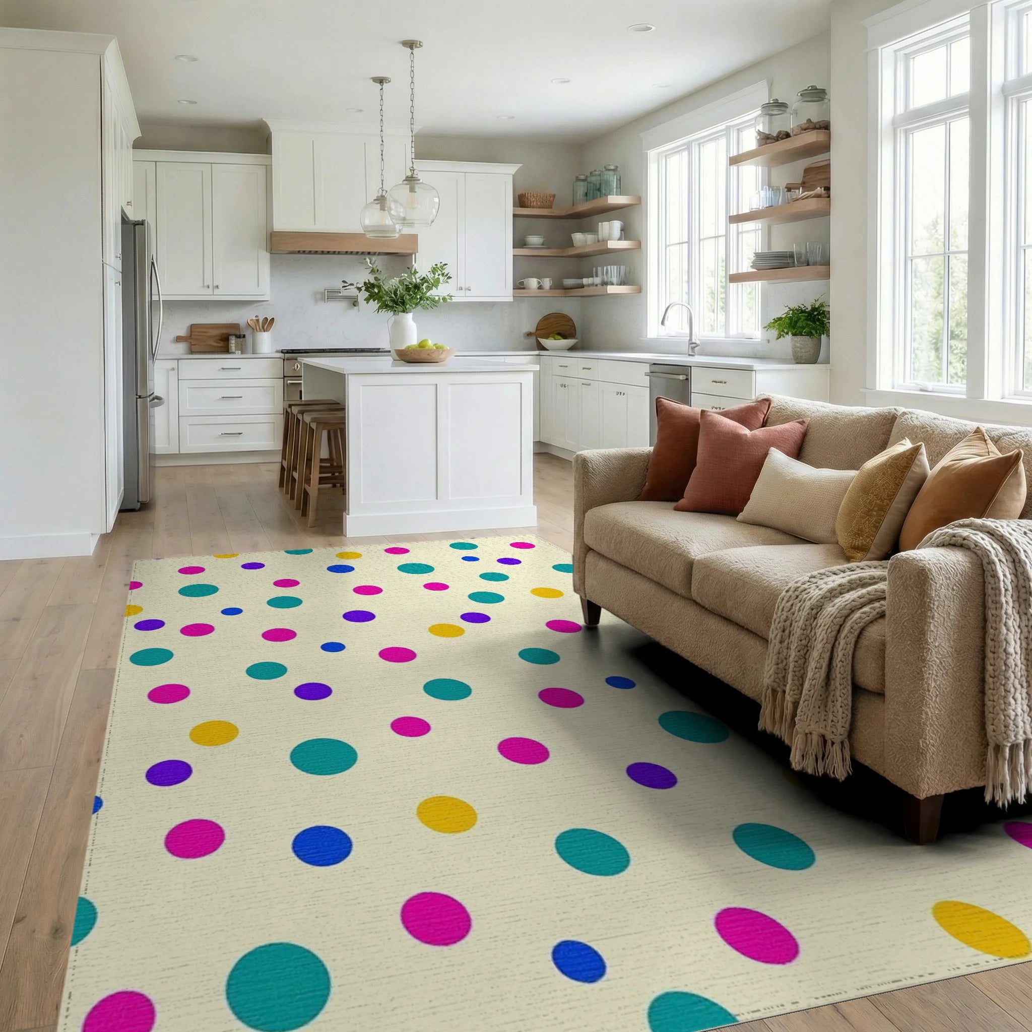 Playful Multicolored Polka Dot Cream Rug Living Room View