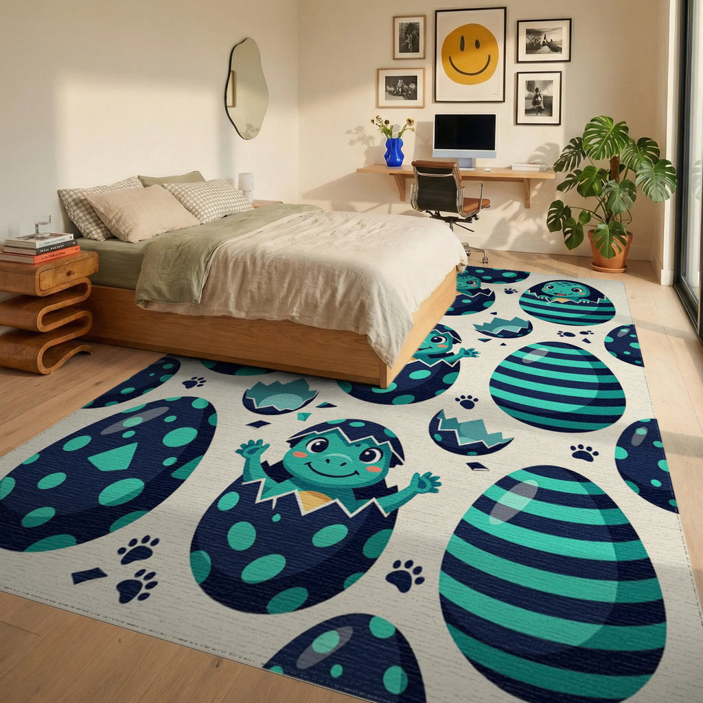 Playful Teal Dinosaur Egg Hatching Illustration Rug Bedroom View