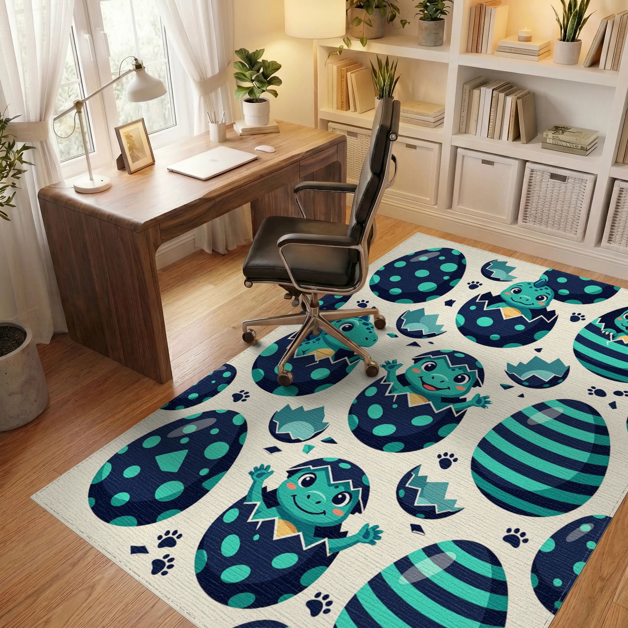 Playful Teal Dinosaur Egg Hatching Illustration Rug Office View
