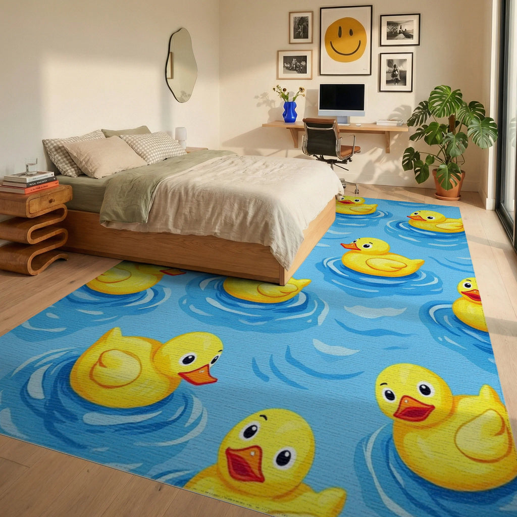 Playful Yellow Rubber Duckie Water Rug Bedroom View