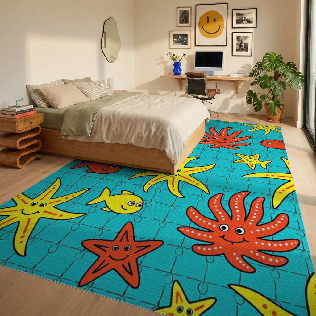 Playful Yellow Starfish Red Octopi Teal Rug Bedroom View