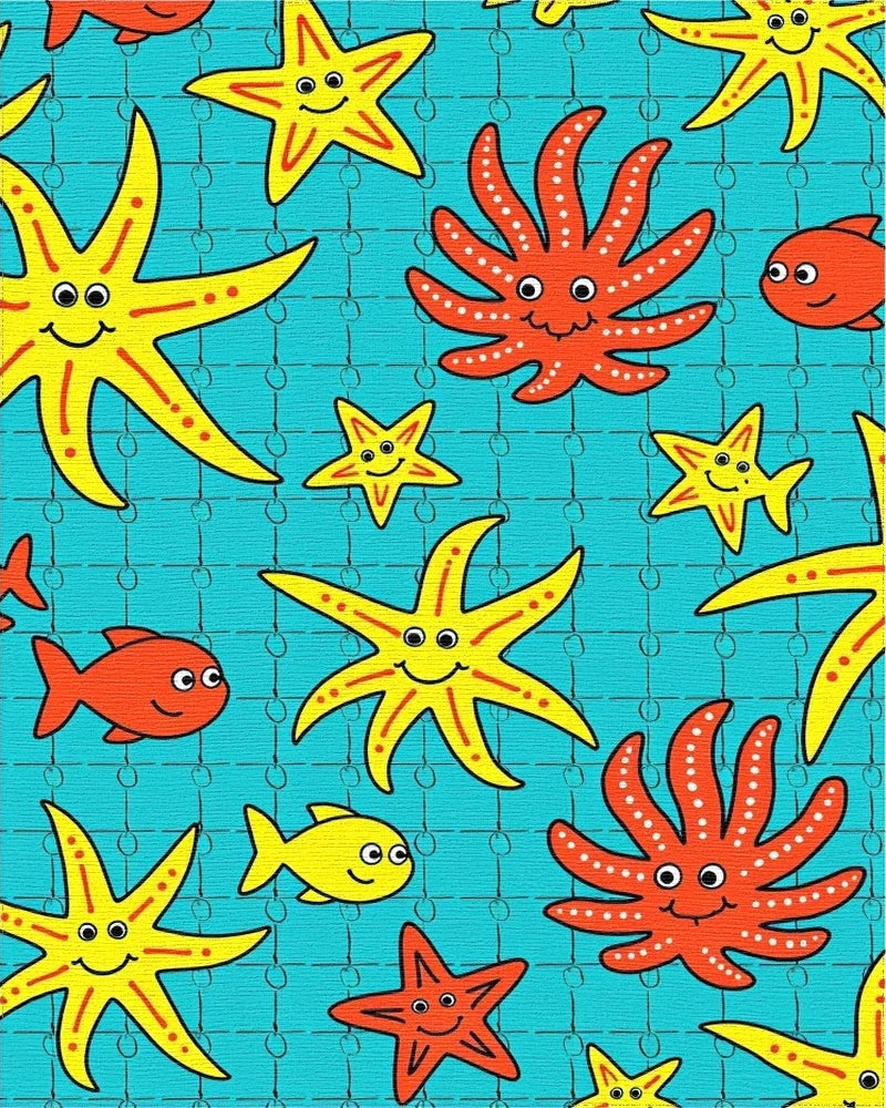 Playful Yellow Starfish Red Octopi Teal Rug - Cutout View