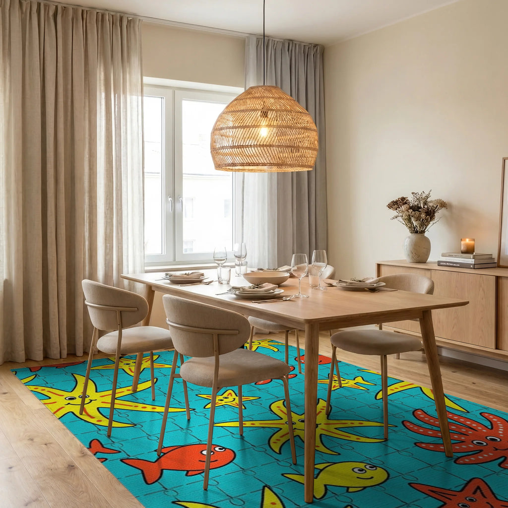 Playful Yellow Starfish Red Octopi Teal Rug Dining Room View