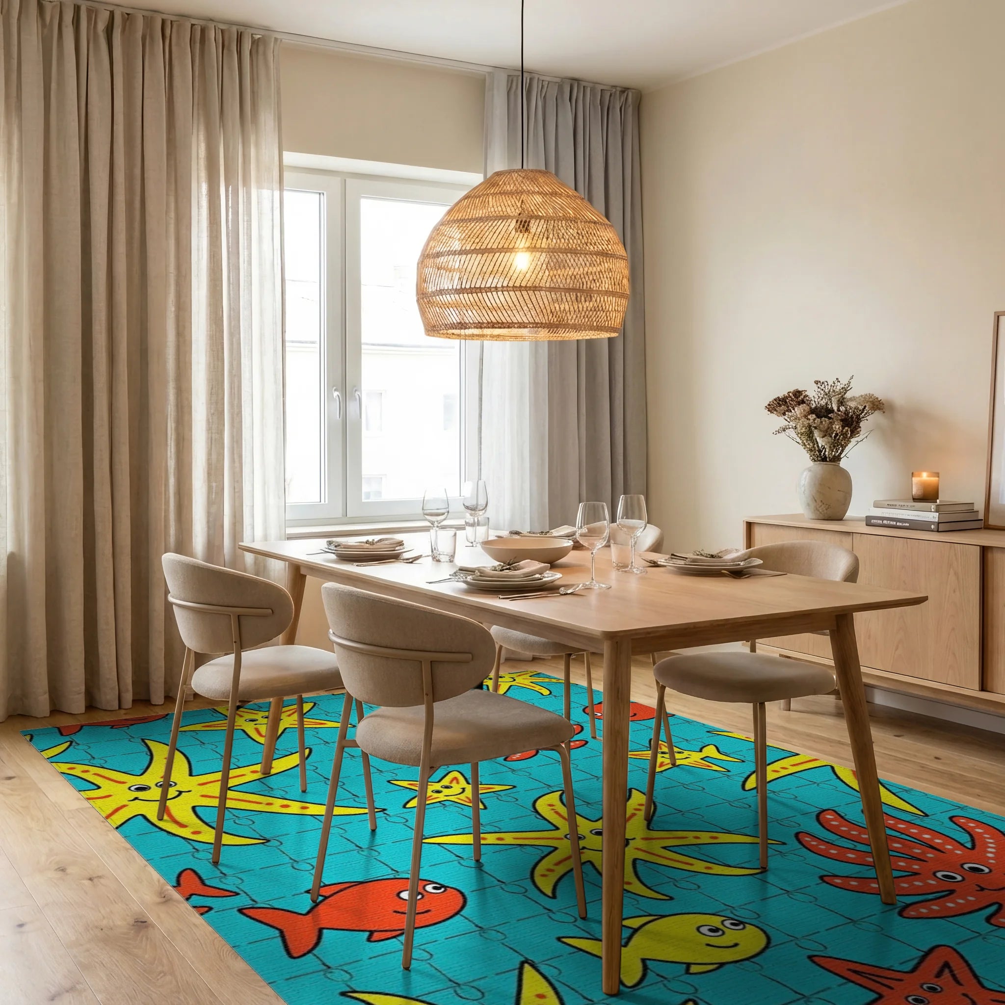 Playful Yellow Starfish Red Octopi Teal Rug Dining Room View