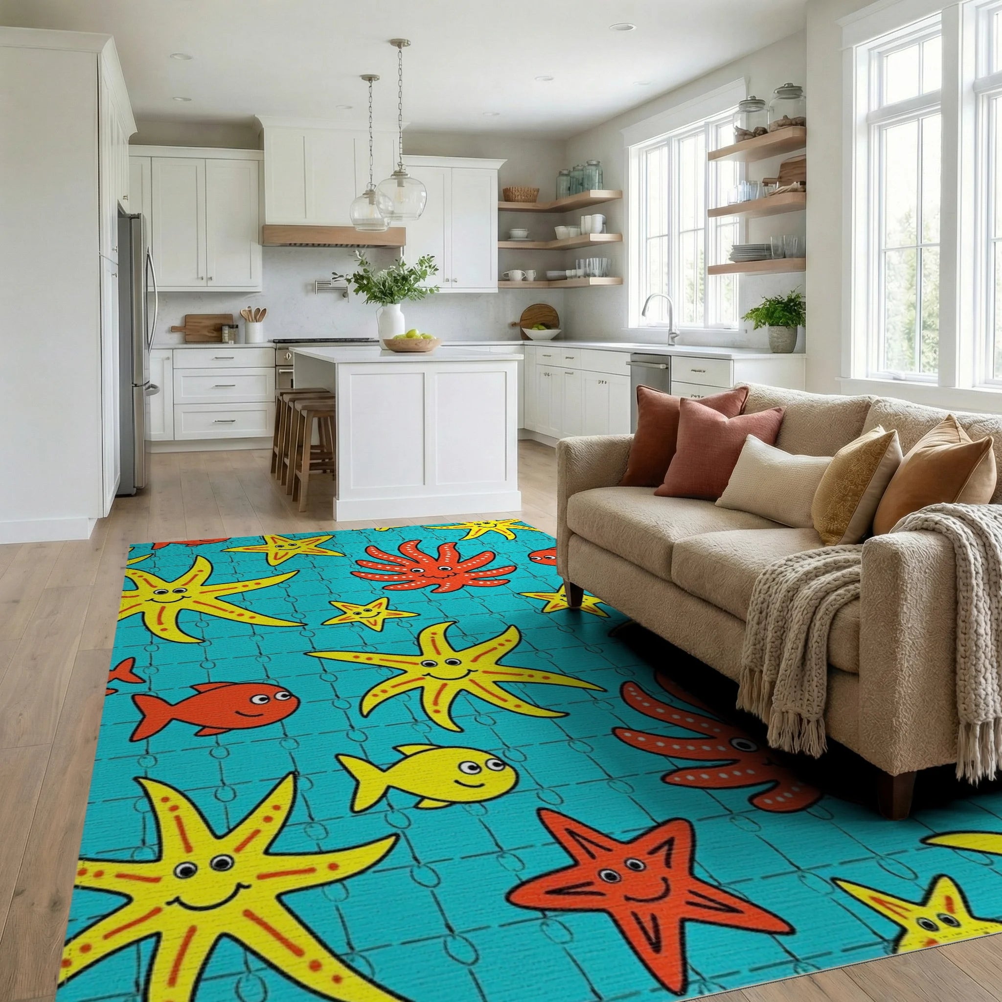 Playful Yellow Starfish Red Octopi Teal Rug Living Room View