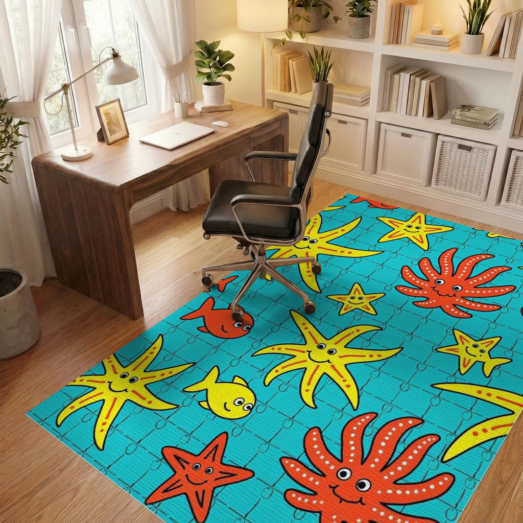 Playful Yellow Starfish Red Octopi Teal Rug Office View
