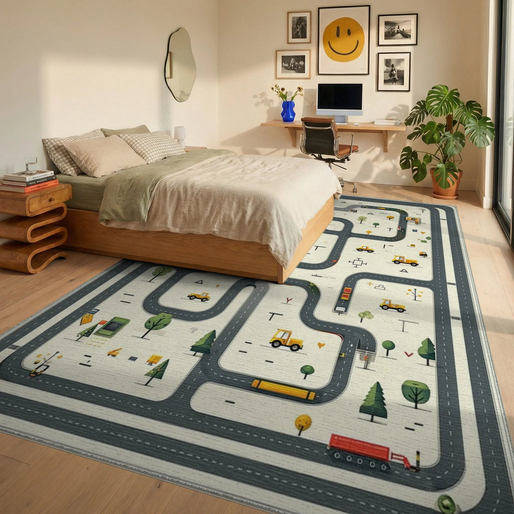 Playful Yellow Vehicle Road Pattern Rug - Bedroom View