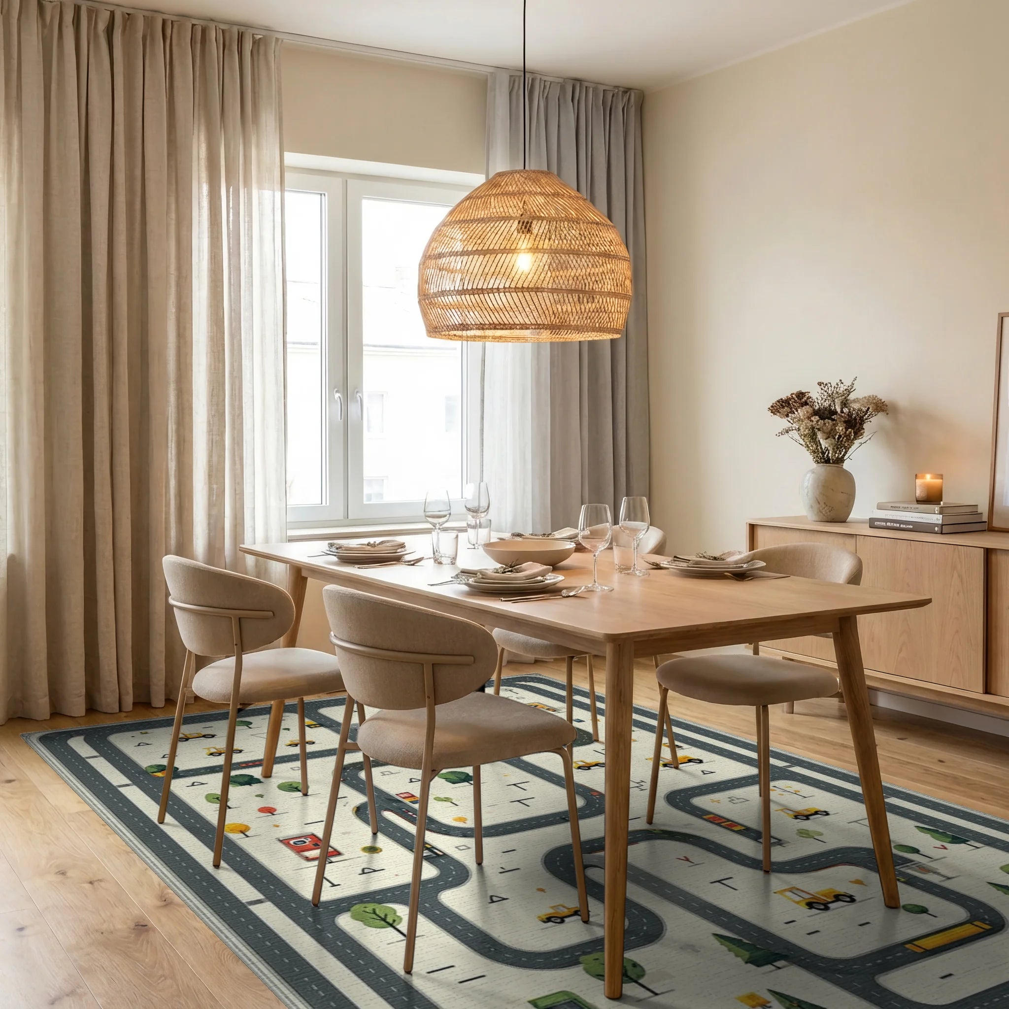 Playful Yellow Vehicle Road Pattern Rug - Dining Room View
