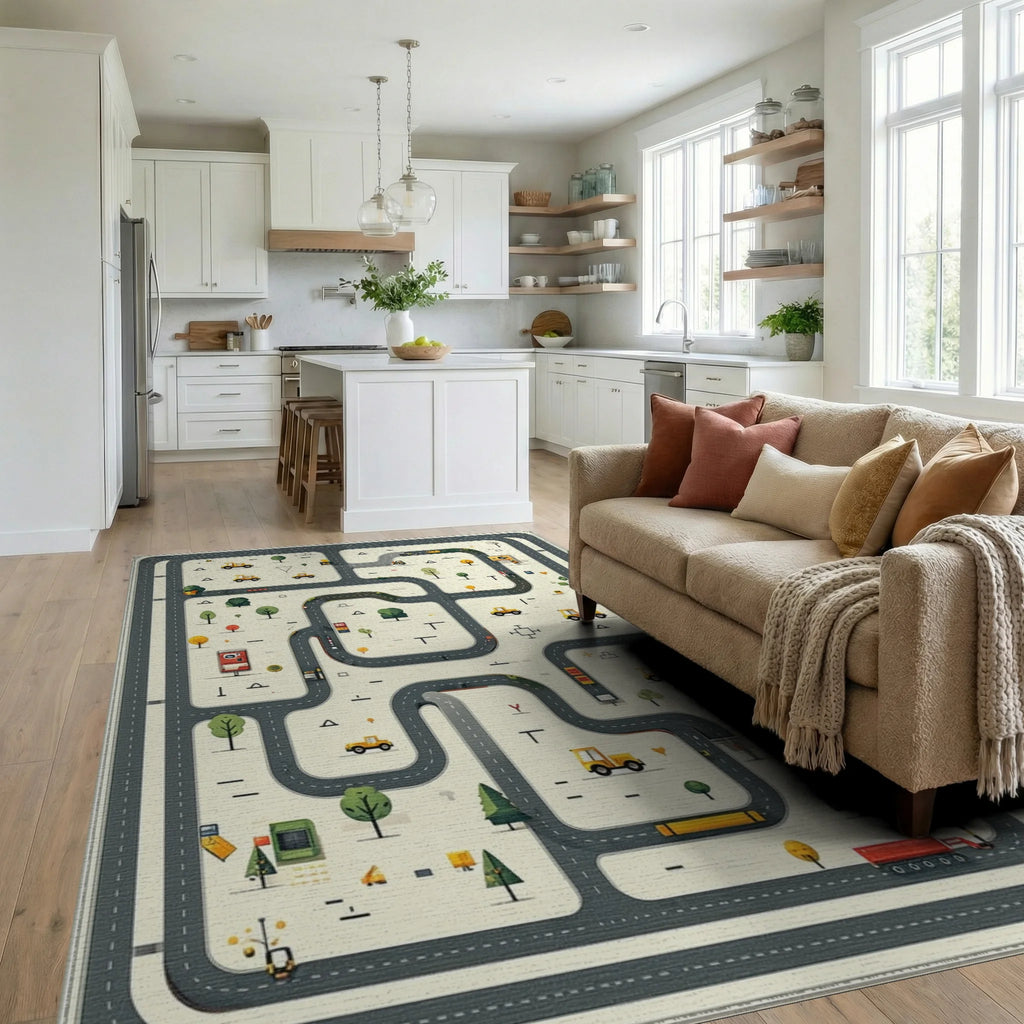 Playful Yellow Vehicle Road Pattern Rug - Living Room View