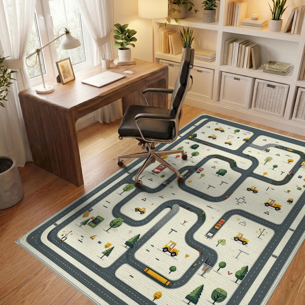 Playful Yellow Vehicle Road Pattern Rug - Office View