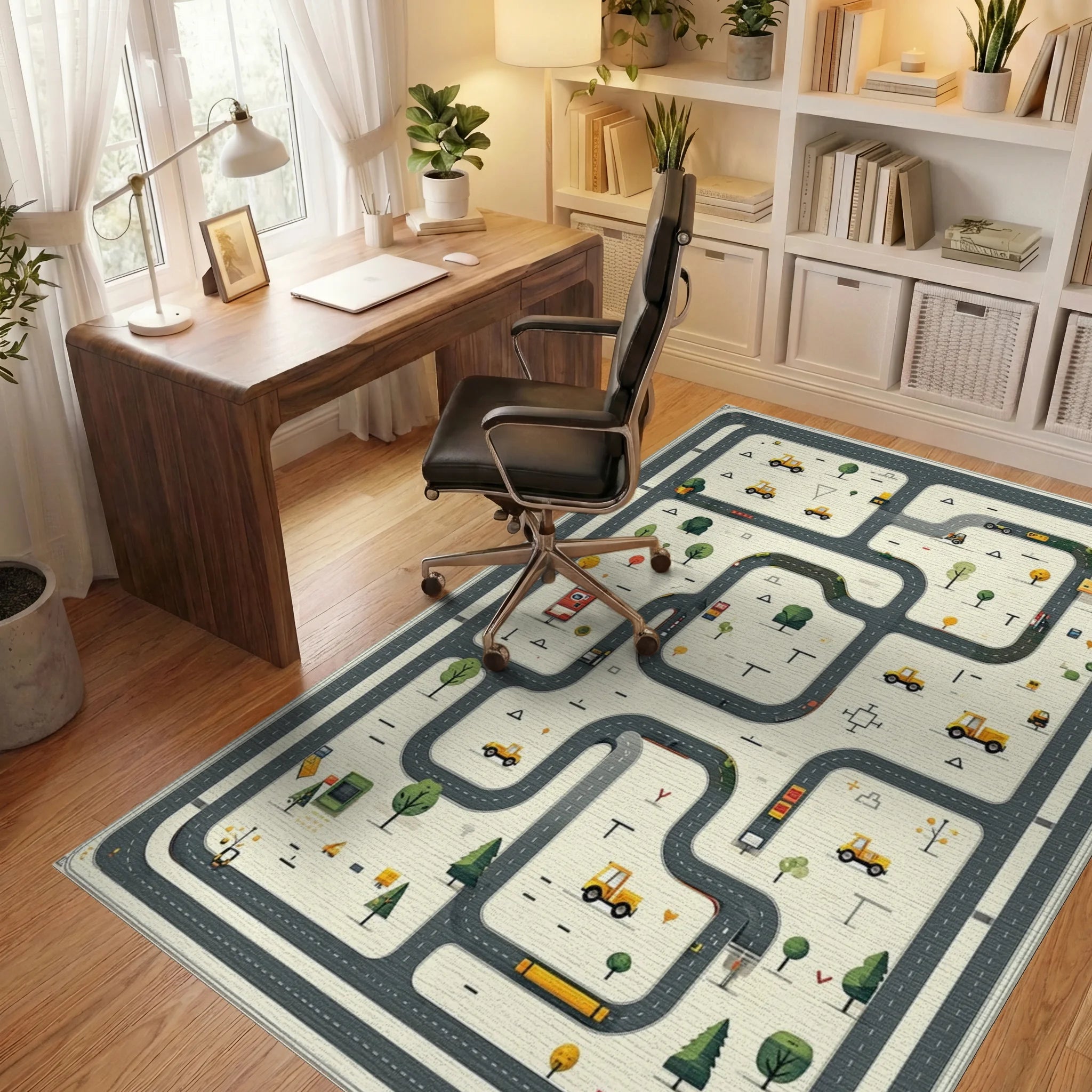 Playful Yellow Vehicle Road Pattern Rug - Office View